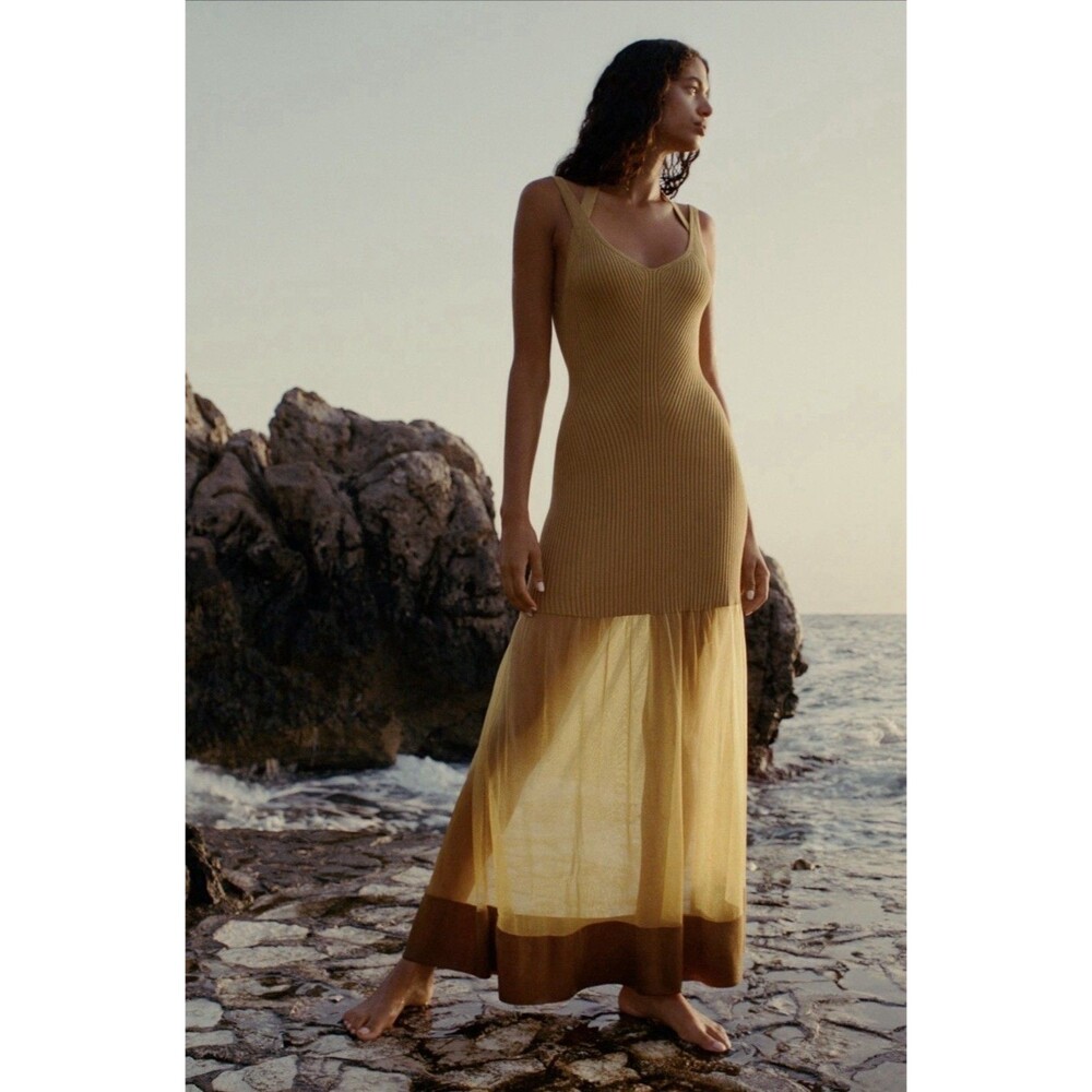 Anthropologie Maxi Sweater Dress Gold Sheer Panel Preppy Boho Vacay Large NWT